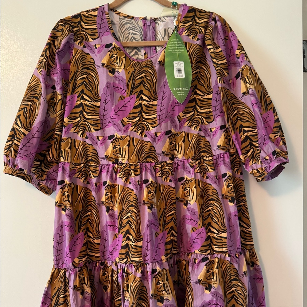 Farm Rio Lavender Tiger Leaves Puff Sleeve Mini Dress - Large